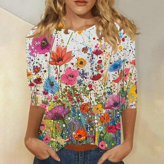 WJHWSX 3/4 Length Sleeve Womens Tops,Going Out Tops for Women,Comfort Fit,Crew Neck,Printed,Multicolor,2XL