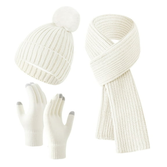 ATENAR 3PC Hat Scarf Glove Set For Women,Touch Screen Gloves,Warm,Knitted,Fleece,Solid,Acrylic,White,Free Size