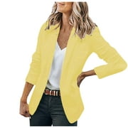 WJHWSX Blue Blazer for Women Standard Button-Down Simple Long Sleeve Ladies Jacket Cardigan Coat Yellow