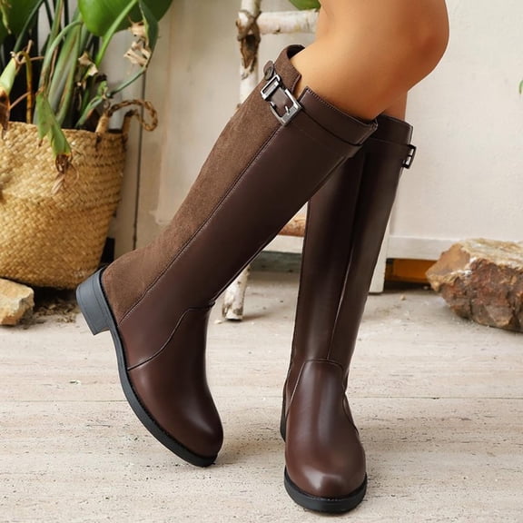 ATENAR Boots for Women,Knee High Boots,Cowboy Boots,Stability,Slip-Resistant,PU,Brown,37(US:6)