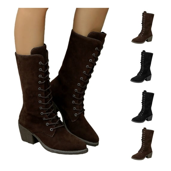 ATENAR Boots for Women,Mid Calf Boots for Women Low Heel,Casual,Fashion,Flock,Coffee,39(US:7)