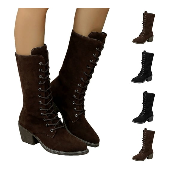 ATENAR Boots for Women,Mid Calf Boots for Women Low Heel,Casual,Fashion,Flock,Coffee,39(US:7)