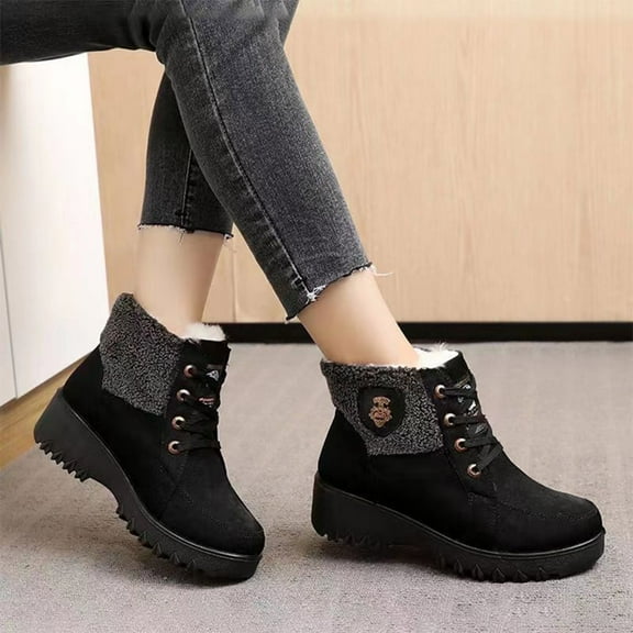 ATENAR Winter Boots for Women,Waterproof,Comfortable,Warm,Drawstring,Flock,Black,(US:8.5)