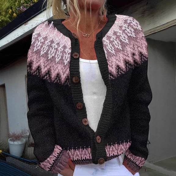 ATENAR Cardigan Sweaters for Women,Womens Sweaters,Crew Neck,Ugly Sweater,Breathable,Solid,Acrylic,Pink,L