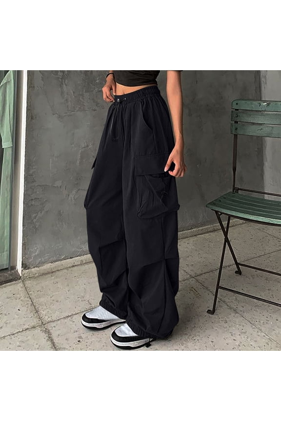 Womens Pants,Cargo Pants,Pockets,Drawsting,Comfort Fit,Solid,Cotton,Black,2XL(US:12)