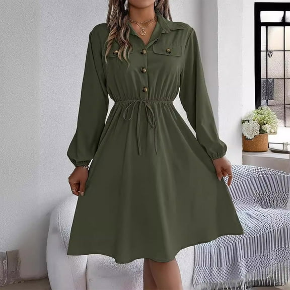 WJHWSX Casual Dresses for Women,Fall Dresses for Women 2025,Womens Dresses,Long Sleeve,Breathable,Comfort Fit,Solid,M(US:6)