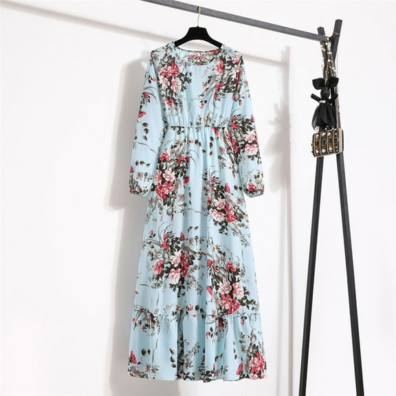 WJHWSX Casual Dresses for Women,Fall Dresses for Women 2025,Womens Dresses,Long Sleeve,Crew Neck,Breathable,Printed,L
