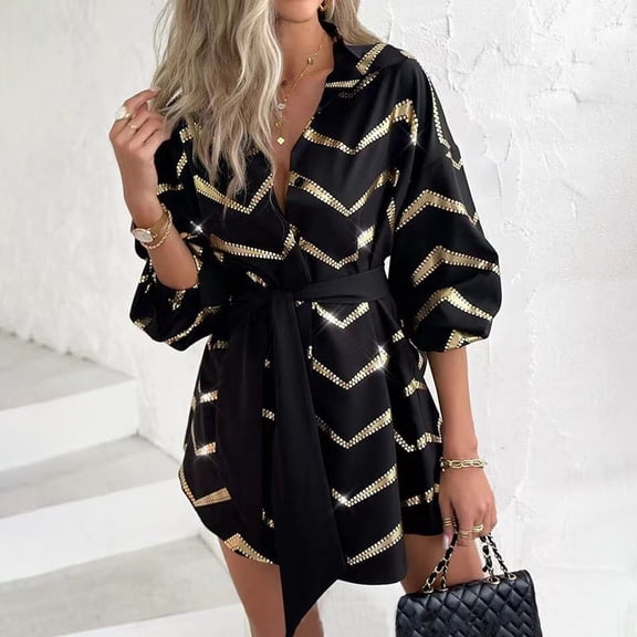 WJHWSX Casual Dresses for Women,Fall Dresses for Women 2025,Womens Dresses,Long Sleeve,Crew Neck,Breathable,Printed,S(US:4)