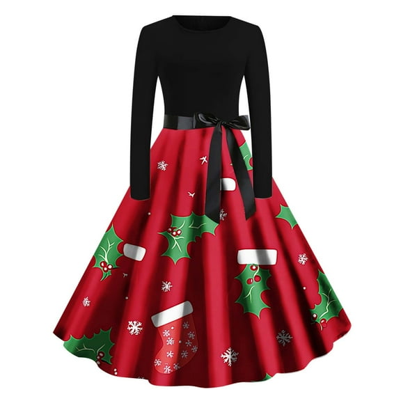 WJHWSX Casual Dresses for Women,Fall Dresses for Women 2025,Womens Dresses,Long Sleeve,Crew Neck,Breathable,Printed,S(US:4)