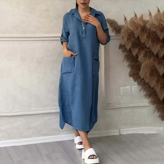 WJHWSX Casual Dresses for Women,Fall Dresses for Women 2025,Womens Dresses,Long Sleeve,Pockets,Easy Care,Solid,L(US:8)