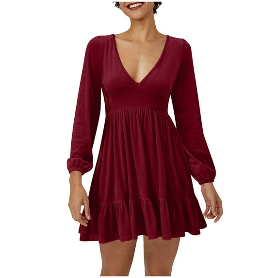 WJHWSX Casual Dresses for Women,Fall Dresses for Women 2025,Womens Dresses,Long Sleeve,V Neck,Breathable,Solid,L(US:8)