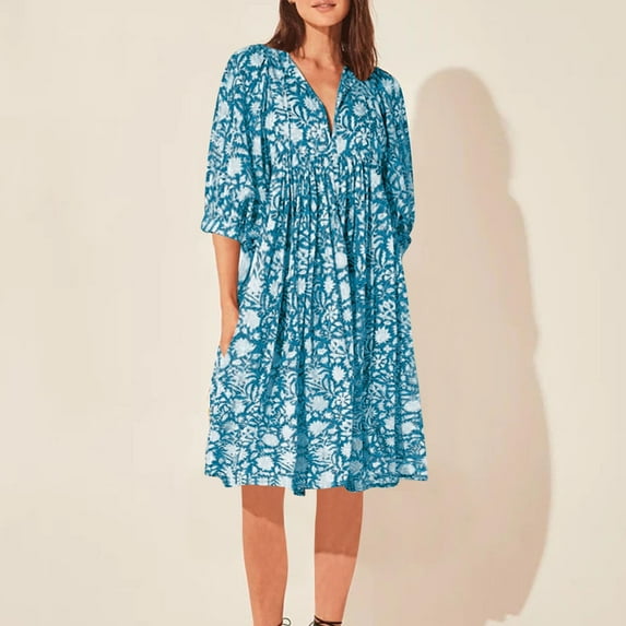 WJHWSX Casual Dresses for Women,Fall Dresses for Women 2025,Womens Dresses,Long Sleeve,V Neck,Soft,Printed,L(US:8)