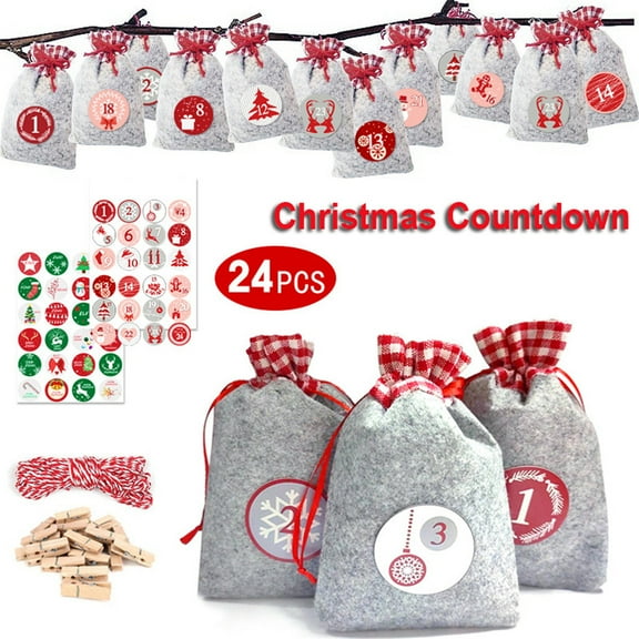 WJHWSX Christmas 24 Days Countdown Calendar Burlap bags Hanging Advent Calendar Gift,Reusable Fabric Bags With Drawstring Closure