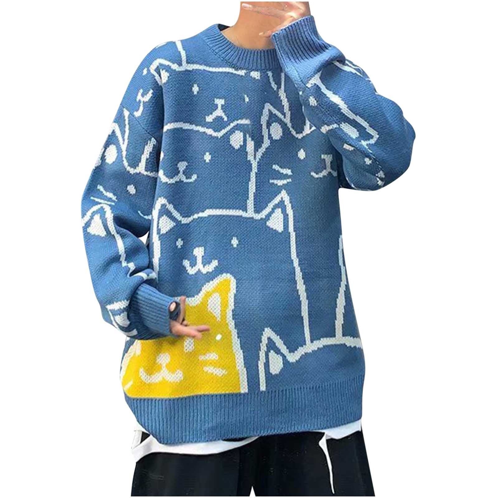 WJHWSX Chunky Sweater Graphic Junior Sweaters Clearance Under 10s Crew Neck Printed Sweater Blue