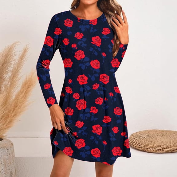 WJHWSX Dresses for Women,Womens Fall Dresses,Casual Dresses for Women,Long Sleeve,Crew Neck,Comfort Fit,Printed,XL(US:10)