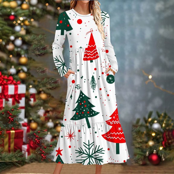 WJHWSX Dresses for Women,Womens Fall Dresses,Casual Dresses for Women,Long Sleeve,Crew Neck,Easy Care,Printed,L(US:8)