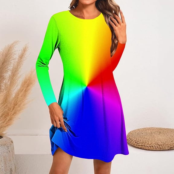 WJHWSX Dresses for Women,Womens Fall Dresses,Casual Dresses for Women,Long Sleeve,Crew Neck,Easy Care,Solid,L(US:8)