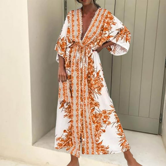WJHWSX Dresses for Women,Womens Fall Dresses,Casual Dresses for Women,Long Sleeve,V Neck,Easy Care,Printed,S(US:4)