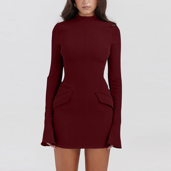WJHWSX Fall Dresses for Women 2025,Womens Dresses,Dresses for Women,Long Sleeve,Pockets,Soft,Solid,S(US:4)