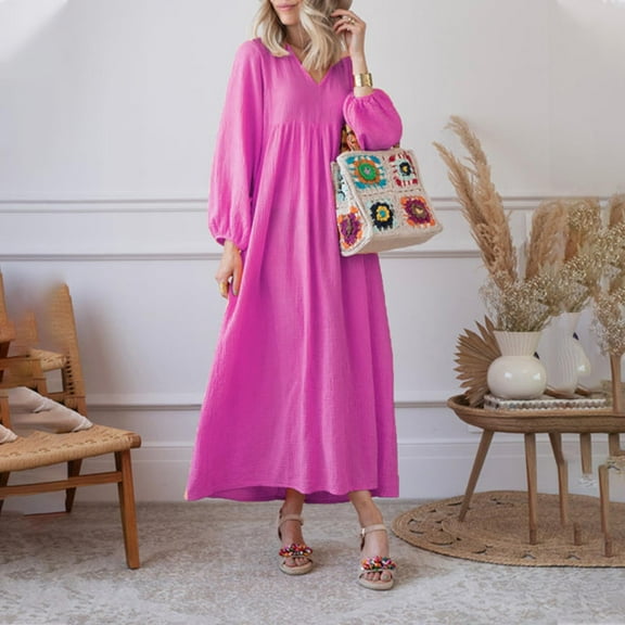 WJHWSX Fall Dresses for Women 2025,Womens Dresses,Dresses for Women,Long Sleeve,V Neck,Easy Care,Solid,S