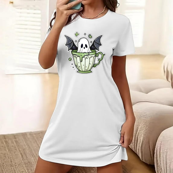 WJHWSX Nightgowns for Women,Womens Nightgown,Slip-On,Breathable,Printed,White,M(US:6)