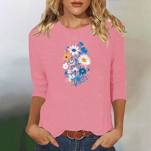 ATENAR Tops for Women,Womens Fall Tops,Breathable,Crew Neck,Printed,Pink,L