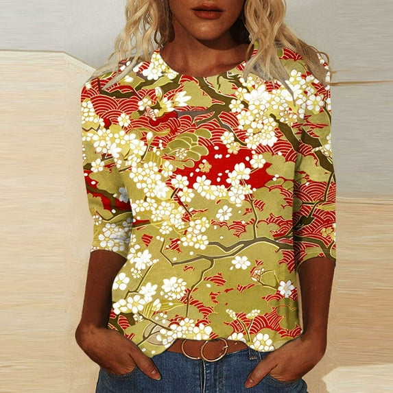 WJHWSX Tops for Women,Womens Fall Tops,Comfort Fit,Crew Neck,Printed,Multicolor,S