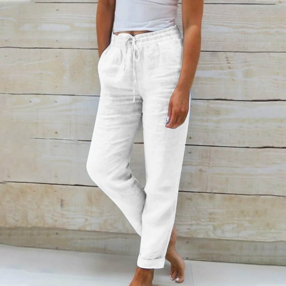 ATENAR White Pants Women,Casual Pants for Women,Pants for Womem,Breathable,Solid,Cotton,Linen,White,2XL(US:12)