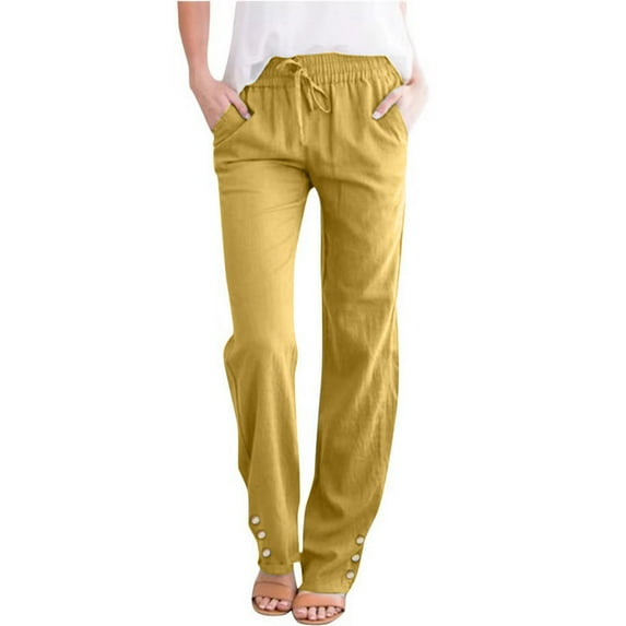 WJHWSX Women's Pants,Casual Pants for Women,Pants for Womem,Elastic Waistband,Easy Care,Solid,Cotton,Linen ,Yellow,M(US:6)