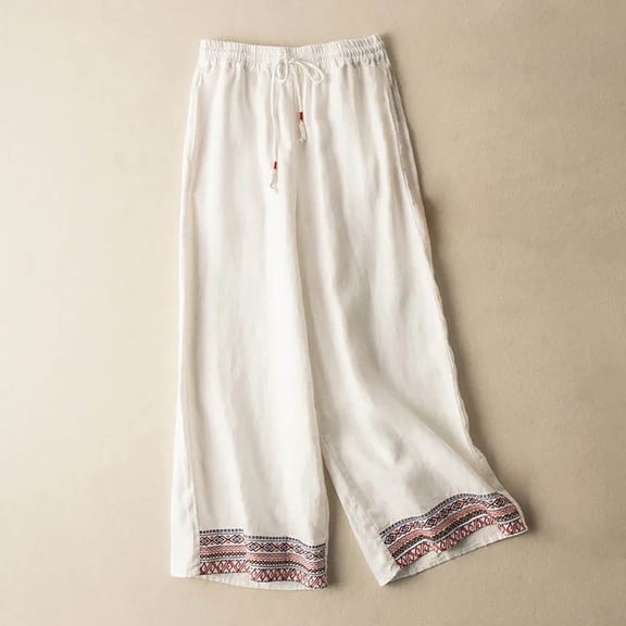 WJHWSX Women's Pants,Casual Pants for Women,Pants for Womem,Fitted,Breathable,Solid,Cotton,Linen ,White,L(US:8)