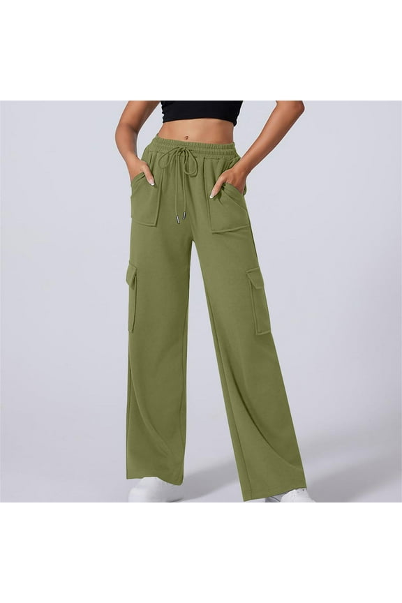 Women's Pants,Loose Pants for Women,Casual Pants for Women,Drawstring,Fitted,Solid,Polyester,Green,L(US:8)