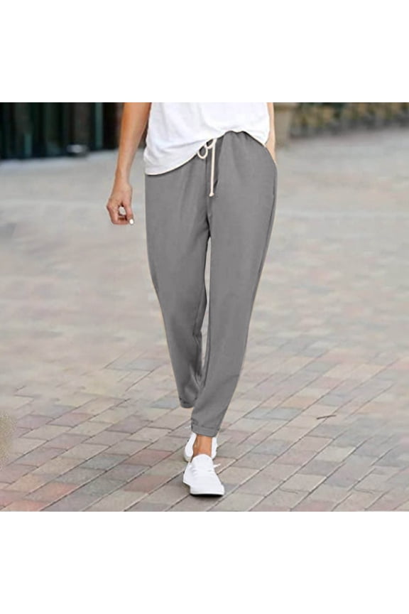 Women's Pants,Loose Pants for Women,Casual Pants for Women,Elastic Waistband,Slimming,Solid,Cotton,Linen ,Gray,L(US:8)