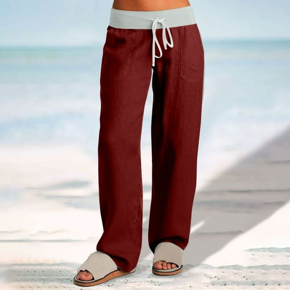 WJHWSX Women's Pants,Loose Pants for Women,Casual Pants for Women,Pockets,Easy Care,Solid,Cotton,Wine,XL(US:10)