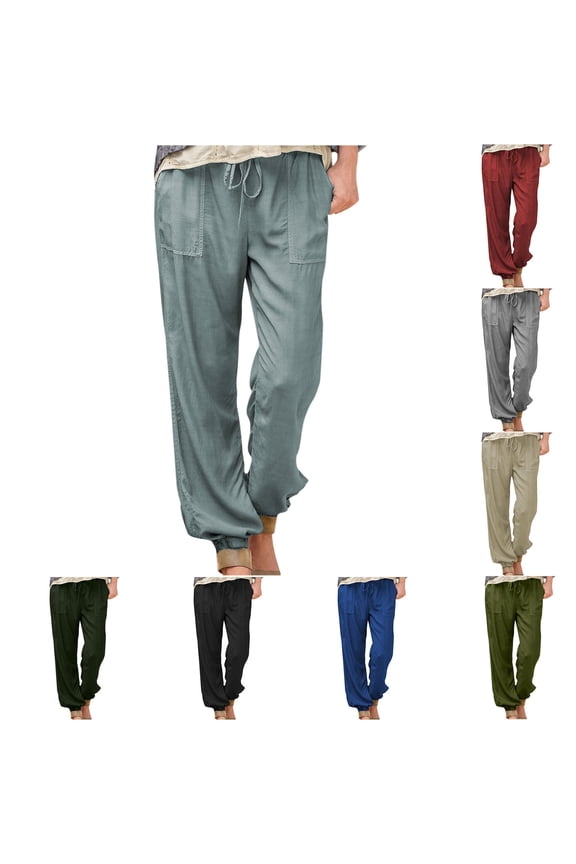 Women's Pants,Pants for Womem,Casual Pants for Women,Drawstring,Moisture Wicking,Solid,Cotton,Linen ,Mint Green,2XL(US:12)