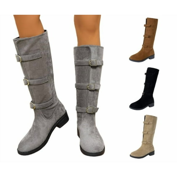 ATENAR Womens Boots,Knee High Boots,Cowboy Boots,Slip-Resistant,Flock,Gray,38(US:6.5)