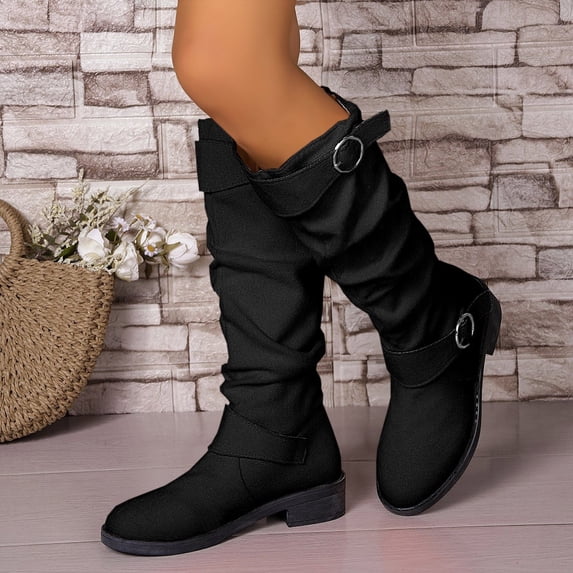 ATENAR Womens Boots,Knee High Boots Women,Safety Toe Boots for Women,Flock,Black,39(US:7)