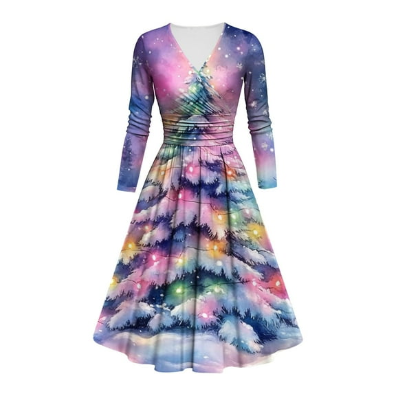 WJHWSX Womens Dresses,Dresses for Women,Womens Fall Dresses,Long Sleeve,V Neck,Breathable,Printed,S(US:4)