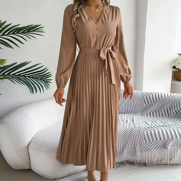 WJHWSX Womens Dresses,Dresses for Women,Womens Fall Dresses,Long Sleeve,V Neck,Breathable,Solid,XL(US:10)