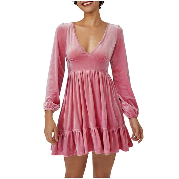 ATENAR Womens Dresses,Dresses for Women,Mini Dreeses,Long Sleeve,V Neck,Easy Care,Solid,S(US:4)