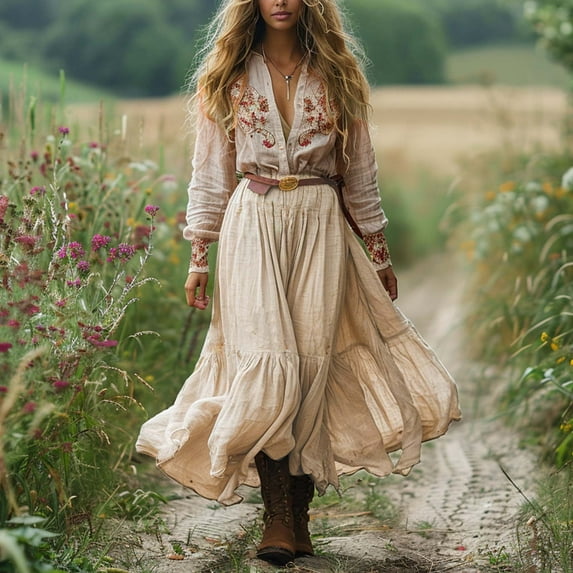 ATENAR Womens Fall Dresses,Casual Dresses for Women,Maxi Dresses,Long Sleeve,V Neck,Comfort Fit,Printed,S(US:4-6)