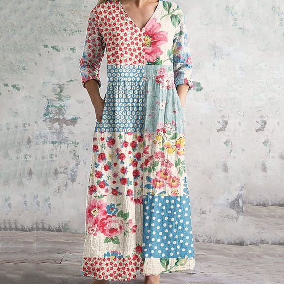 WJHWSX Womens Fall Dresses,Casual Dresses for Women,Fall Dresses for Women 2025,Long Sleeve,Pockets,Comfort Fit,Printed,S(US:4)