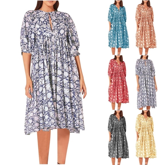 ATENAR Womens Fall Dresses,Casual Dresses for Women,Fall Dresses for Women 2025,Long Sleeve,V Neck,Breathable,Printed,2XL(US:12)