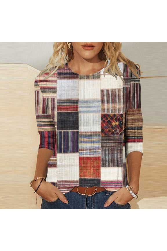 Womens Fall Tops,3/4 Length Sleeve Womens Tops,Breathable,Crew Neck,Printed,Multicolor,2XL