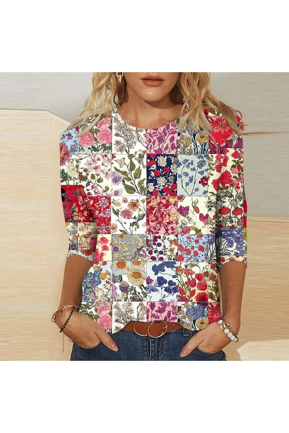 Womens Fall Tops,3/4 Length Sleeve Womens Tops,Comfort Fit,Crew Neck,Printed,Multicolor,4XL