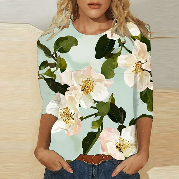 WJHWSX Womens Fall Tops,3/4 Length Sleeve Womens Tops,Soft,Crew Neck,Printed,Multicolor,4XL