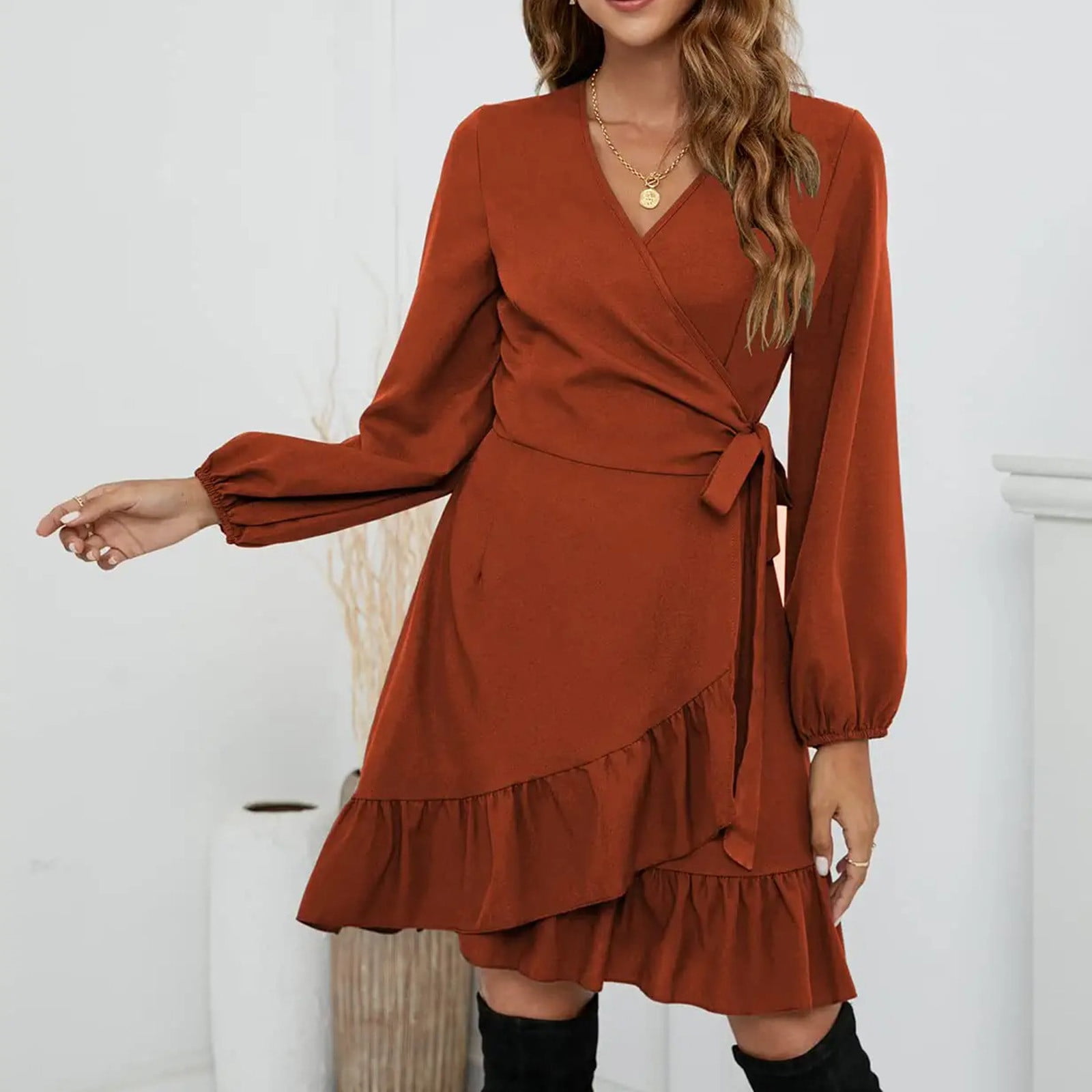 WJHWSX Womens Holiday Dress Full Coverage Solid Slim Cozy Long Sleeve
