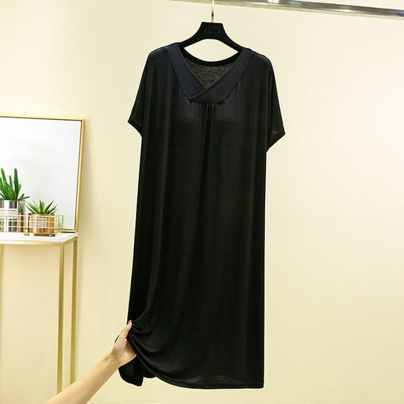ATENAR Womens Nightgown,Moisture Wicking,Breathable,Short Sleeve,Cotton,V Neck,Black,L
