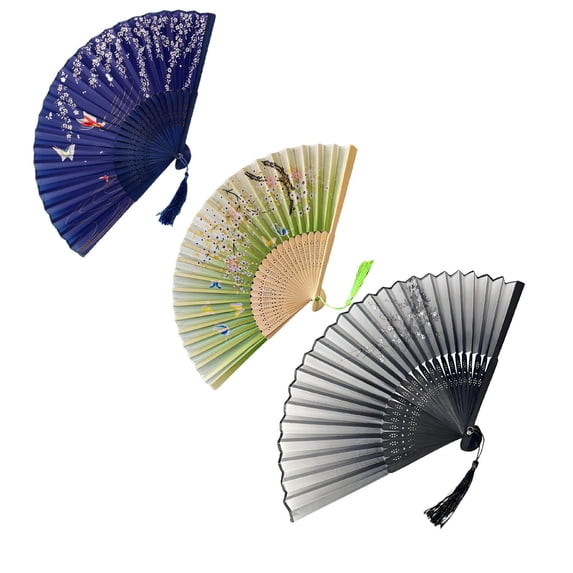 WJJIAO 3 Pieces Handheld Folding Fans, Oriental Folding Fan for Ladies, Silk Folding Fans with Bamboo Frames for Dancing Wedding Party Props Decoration
