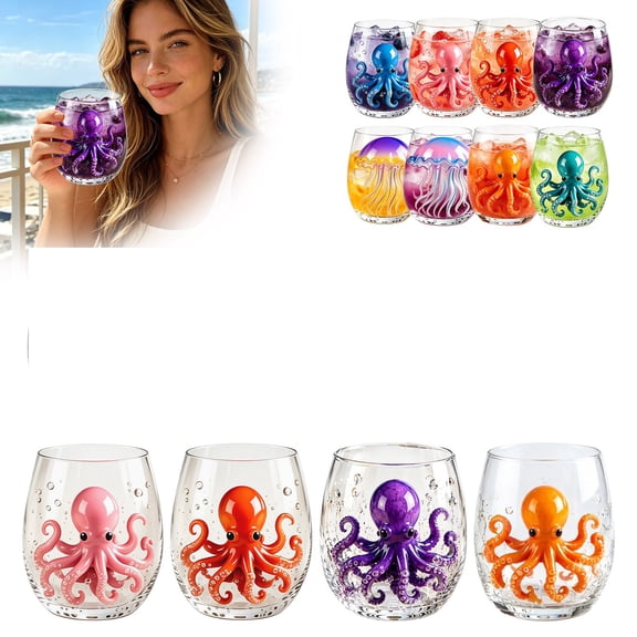 WJJIAO Artisanal Blue Ringed Octopus 2D Ocean Animal Glassware Collection Artistic Octopus Drinking Glass, Ocean Fantasy Embossed Glass Collection, Coastal Home Decor Gift for Ocean Lovers