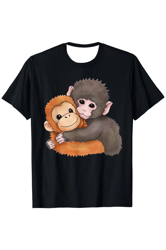 WJJIAO Baby Macaque Punch Hugging Plush Shirts Cute Monkey Punching Graphic Short Sleeve T-Shirt for Women